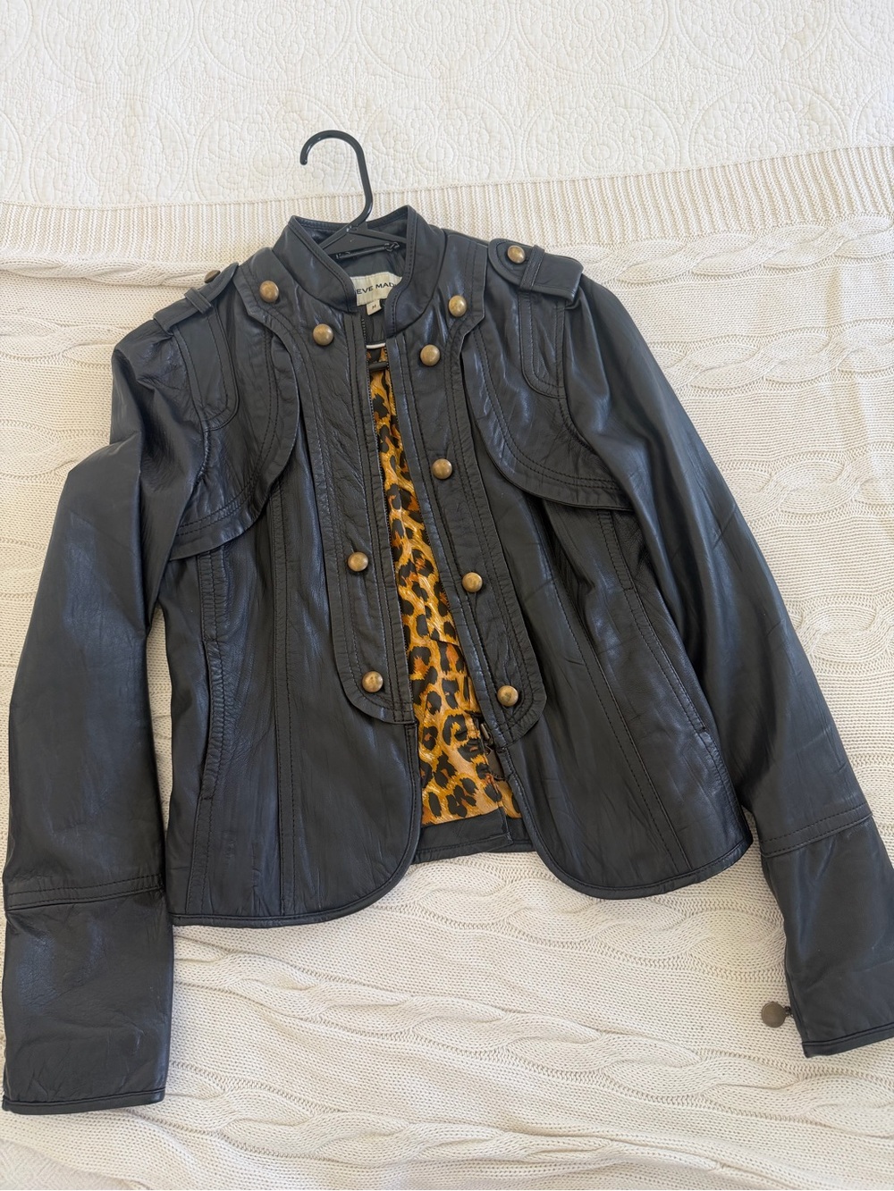 Steve Madden Black Genuine Leather Military Jacket with Leopard Lining